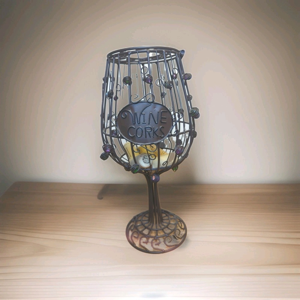 Metal Wineglass Decor Cork Holder 12inch, glass beaded